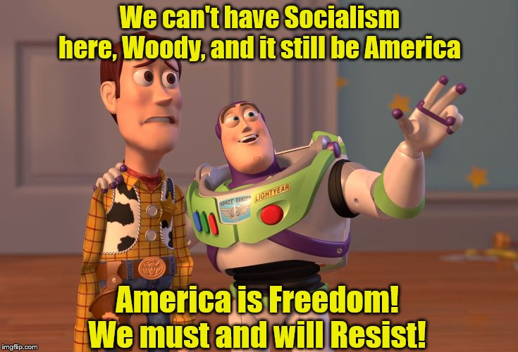 Just No | We can't have Socialism here, Woody, and it still be America; America is Freedom!

We must and will Resist! | image tagged in memes,x x everywhere,politics | made w/ Imgflip meme maker