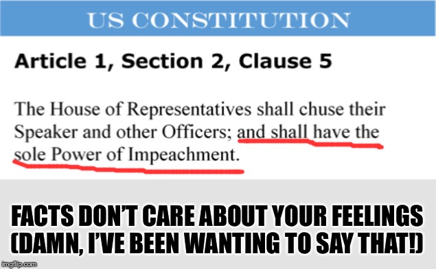 “The House doesn’t have the power to impeach...” | FACTS DON’T CARE ABOUT YOUR FEELINGS (DAMN, I’VE BEEN WANTING TO SAY THAT!) | image tagged in house power of impeachment,constitution,the constitution,us constitution,impeachment,trump impeachment | made w/ Imgflip meme maker