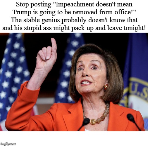 Stop posting "Impeachment doesn't mean Trump is going to be removed from office!" The stable genius probably doesn't know that and his stupid ass might pack up and leave tonight! COVELL BELLAMY III | image tagged in nancy pelosi impeachment truth | made w/ Imgflip meme maker