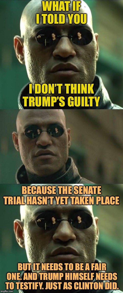 If Trump intends to defend himself, then he needs to testify. |  WHAT IF I TOLD YOU; I DON’T THINK TRUMP’S GUILTY; BECAUSE THE SENATE TRIAL HASN’T YET TAKEN PLACE; BUT IT NEEDS TO BE A FAIR ONE. AND TRUMP HIMSELF NEEDS TO TESTIFY. JUST AS CLINTON DID. | image tagged in morpheus 3-panel,trump impeachment,impeach trump,impeachment,impeach,fairness | made w/ Imgflip meme maker
