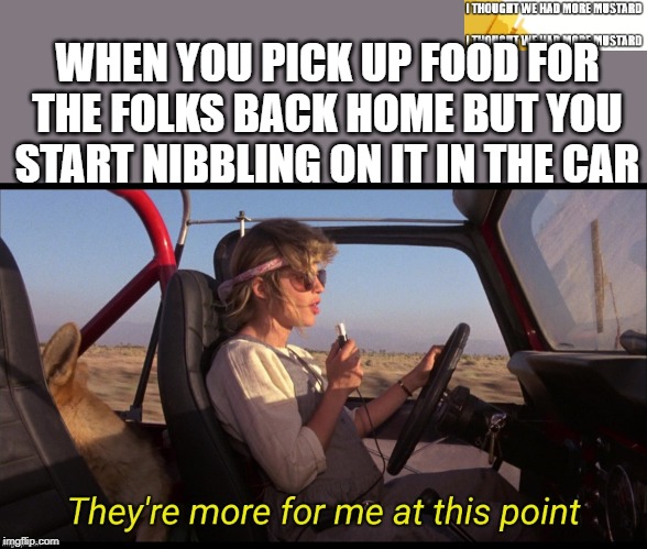 Eating Food On Way Home | WHEN YOU PICK UP FOOD FOR THE FOLKS BACK HOME BUT YOU START NIBBLING ON IT IN THE CAR | image tagged in sarah connor jeep | made w/ Imgflip meme maker