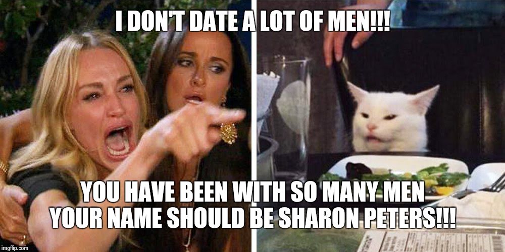 Smudge the cat | I DON'T DATE A LOT OF MEN!!! YOU HAVE BEEN WITH SO MANY MEN YOUR NAME SHOULD BE SHARON PETERS!!! | image tagged in smudge the cat | made w/ Imgflip meme maker