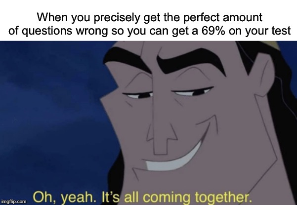 PERFECT 69 | When you precisely get the perfect amount of questions wrong so you can get a 69% on your test | image tagged in it's all coming together,funny,memes,69,test,perfection | made w/ Imgflip meme maker