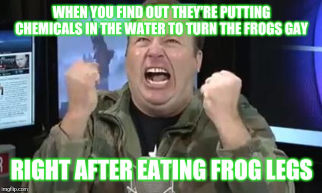 Alex Jones | WHEN YOU FIND OUT THEY'RE PUTTING CHEMICALS IN THE WATER TO TURN THE FROGS GAY; RIGHT AFTER EATING FROG LEGS | image tagged in alex jones | made w/ Imgflip meme maker