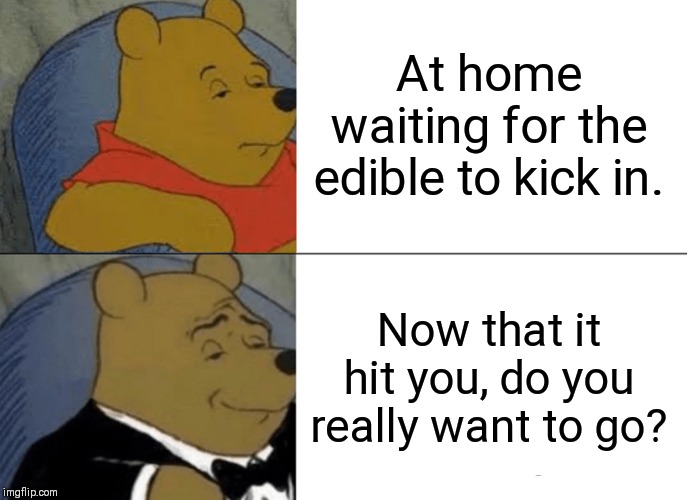 Tuxedo Winnie The Pooh | At home waiting for the edible to kick in. Now that it hit you, do you really want to go? | image tagged in memes,tuxedo winnie the pooh | made w/ Imgflip meme maker
