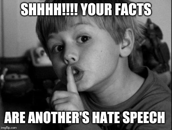 Shhhh | SHHHH!!!! YOUR FACTS; ARE ANOTHER'S HATE SPEECH | image tagged in shhhh | made w/ Imgflip meme maker