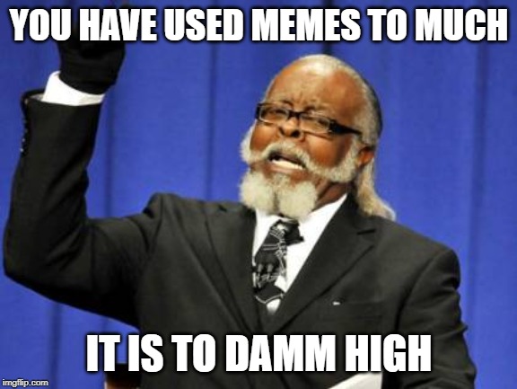 Too Damn High | YOU HAVE USED MEMES TO MUCH; IT IS TO DAMM HIGH | image tagged in memes,too damn high | made w/ Imgflip meme maker