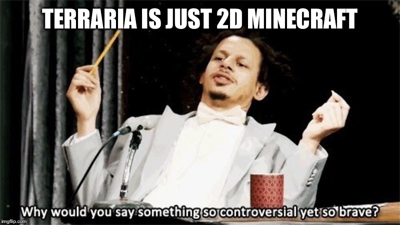 Why would you say something so controversial yet so brave? | TERRARIA IS JUST 2D MINECRAFT | image tagged in why would you say something so controversial yet so brave | made w/ Imgflip meme maker