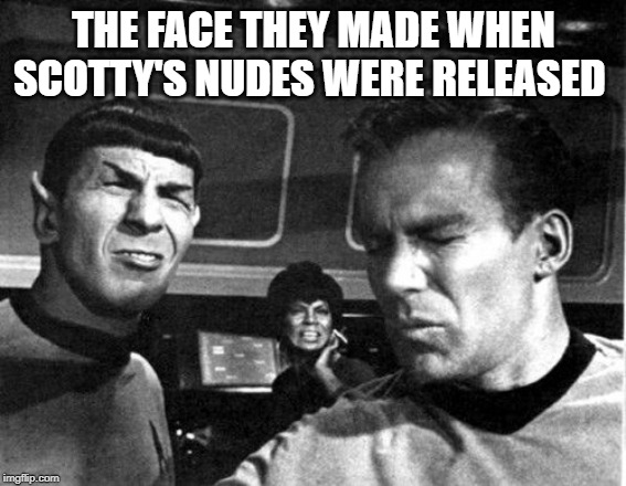 Leaked on the Net | THE FACE THEY MADE WHEN SCOTTY'S NUDES WERE RELEASED | image tagged in star trek space farts | made w/ Imgflip meme maker