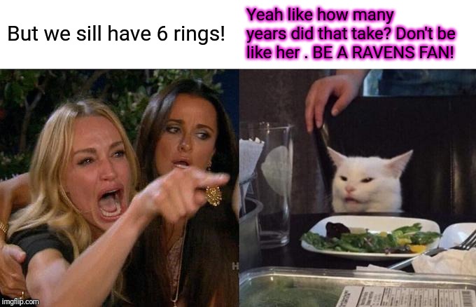 Woman Yelling At Cat Meme | But we sill have 6 rings! Yeah like how many years did that take? Don't be like her . BE A RAVENS FAN! | image tagged in memes,woman yelling at cat | made w/ Imgflip meme maker