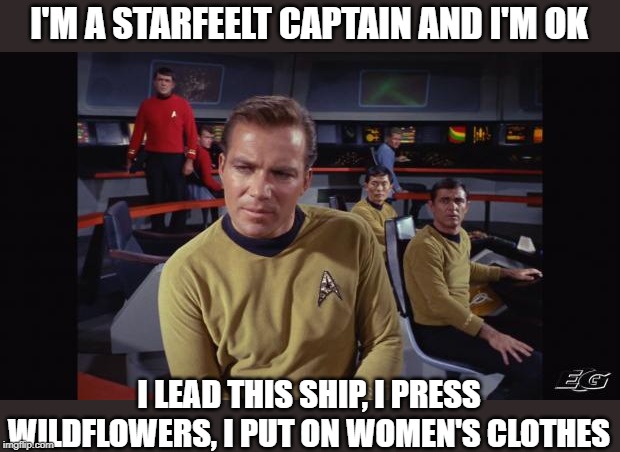 Monty Kirk | I'M A STARFEELT CAPTAIN AND I'M OK; I LEAD THIS SHIP, I PRESS WILDFLOWERS, I PUT ON WOMEN'S CLOTHES | image tagged in star trek | made w/ Imgflip meme maker