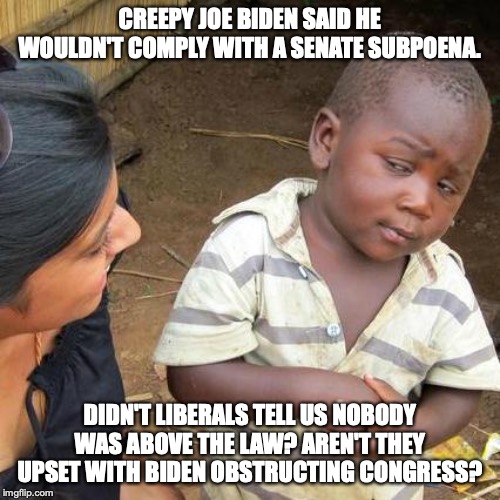 It's like EVERY liberal is a hypocrite. | CREEPY JOE BIDEN SAID HE WOULDN'T COMPLY WITH A SENATE SUBPOENA. DIDN'T LIBERALS TELL US NOBODY WAS ABOVE THE LAW? AREN'T THEY UPSET WITH BIDEN OBSTRUCTING CONGRESS? | image tagged in hypocrites,liberals,2019,2020,impeachment,liars | made w/ Imgflip meme maker