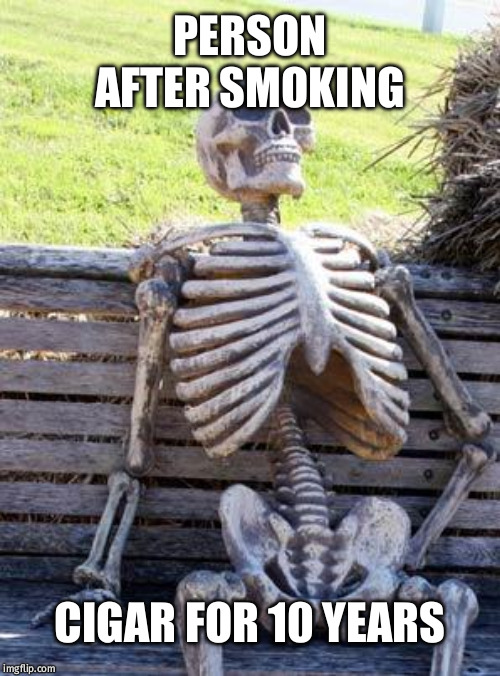 Waiting Skeleton | PERSON AFTER SMOKING; CIGAR FOR 10 YEARS | image tagged in memes,waiting skeleton | made w/ Imgflip meme maker