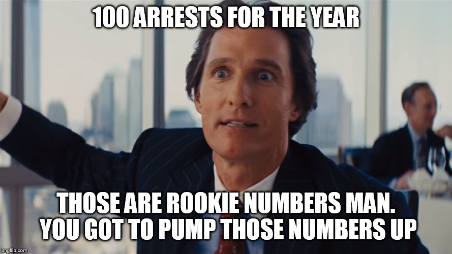 100 ARRESTS FOR THE YEAR; THOSE ARE ROOKIE NUMBERS MAN.  YOU GOT TO PUMP THOSE NUMBERS UP | image tagged in rookie,matthew,mcconaughey | made w/ Imgflip meme maker