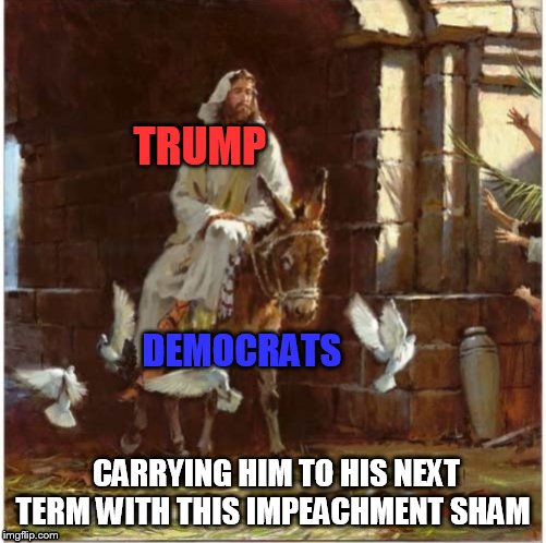 TRUMP; DEMOCRATS; CARRYING HIM TO HIS NEXT TERM WITH THIS IMPEACHMENT SHAM | image tagged in trump 2020,trump impeachment | made w/ Imgflip meme maker