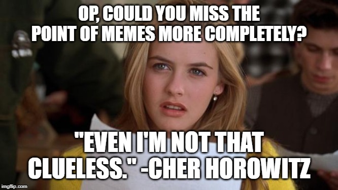 Clueless | OP, COULD YOU MISS THE POINT OF MEMES MORE COMPLETELY? "EVEN I'M NOT THAT CLUELESS." -CHER HOROWITZ | image tagged in clueless | made w/ Imgflip meme maker