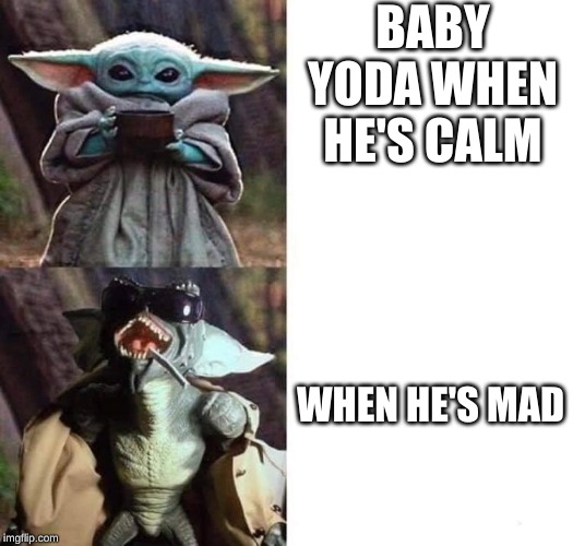 baby yoda gremlin | BABY YODA WHEN HE'S CALM; WHEN HE'S MAD | image tagged in baby yoda gremlin | made w/ Imgflip meme maker