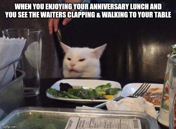 Table Cat | WHEN YOU ENJOYING YOUR ANNIVERSARY LUNCH AND YOU SEE THE WAITERS CLAPPING & WALKING TO YOUR TABLE | image tagged in table cat | made w/ Imgflip meme maker