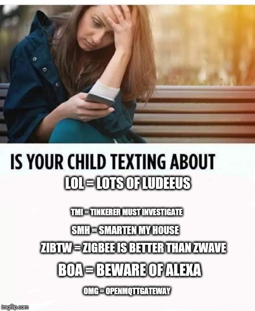 Is Your Child Texting About | LOL = LOTS OF LUDEEUS; TMI = TINKERER MUST INVESTIGATE; SMH = SMARTEN MY HOUSE; ZIBTW = ZIGBEE IS BETTER THAN ZWAVE; BOA = BEWARE OF ALEXA; OMG = OPENMQTTGATEWAY | image tagged in is your child texting about | made w/ Imgflip meme maker