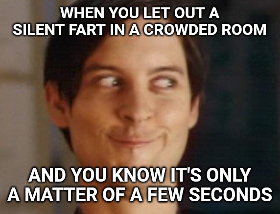 Spiderman Peter Parker | WHEN YOU LET OUT A SILENT FART IN A CROWDED ROOM; AND YOU KNOW IT'S ONLY A MATTER OF A FEW SECONDS | image tagged in memes,spiderman peter parker | made w/ Imgflip meme maker