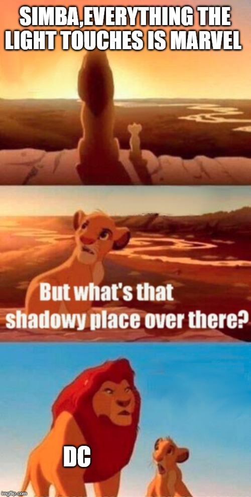 Simba Shadowy Place | SIMBA,EVERYTHING THE LIGHT TOUCHES IS MARVEL; DC | image tagged in memes,simba shadowy place,funny memes | made w/ Imgflip meme maker