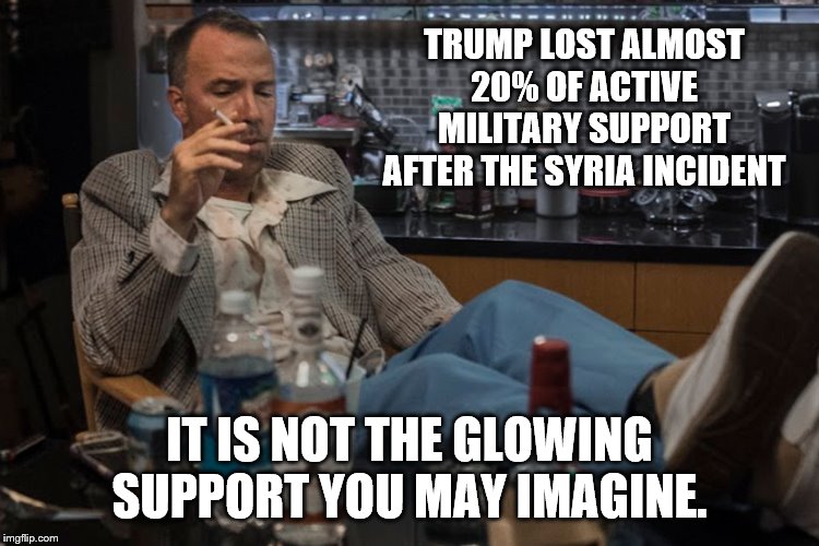 TRUMP LOST ALMOST 20% OF ACTIVE MILITARY SUPPORT AFTER THE SYRIA INCIDENT IT IS NOT THE GLOWING SUPPORT YOU MAY IMAGINE. | made w/ Imgflip meme maker