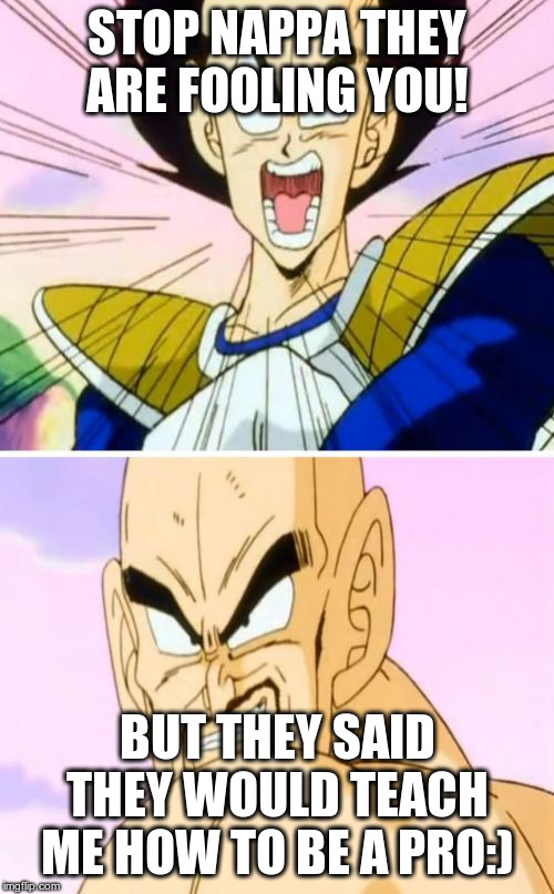 No Nappa Its A Trick | STOP NAPPA THEY ARE FOOLING YOU! BUT THEY SAID THEY WOULD TEACH ME HOW TO BE A PRO:) | image tagged in memes,no nappa its a trick | made w/ Imgflip meme maker