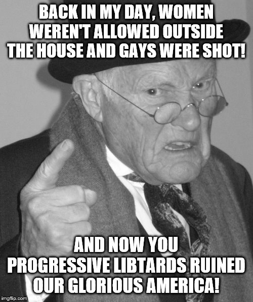 Back in my day | BACK IN MY DAY, WOMEN WEREN'T ALLOWED OUTSIDE THE HOUSE AND GAYS WERE SHOT! AND NOW YOU PROGRESSIVE LIBTARDS RUINED OUR GLORIOUS AMERICA! | image tagged in back in my day | made w/ Imgflip meme maker