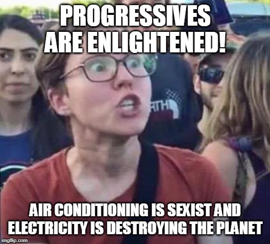 Angry Liberal | PROGRESSIVES ARE ENLIGHTENED! AIR CONDITIONING IS SEXIST AND ELECTRICITY IS DESTROYING THE PLANET | image tagged in angry liberal | made w/ Imgflip meme maker