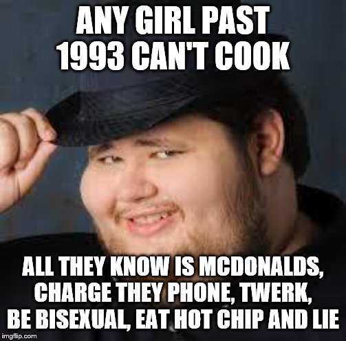 NeckBeard | ANY GIRL PAST 1993 CAN'T COOK ALL THEY KNOW IS MCDONALDS, CHARGE THEY PHONE, TWERK, BE BISEXUAL, EAT HOT CHIP AND LIE | image tagged in neckbeard | made w/ Imgflip meme maker