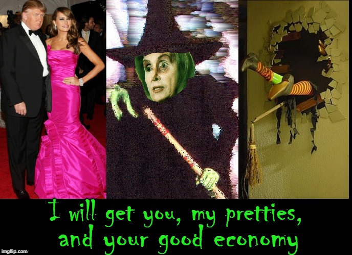 The Wicked Witch of the West rides again | I will get you, my pretties, and your good economy | image tagged in vince vance,donald trump,melania trump,nancy pelosi,wicked witch of the west,potus flotus | made w/ Imgflip meme maker