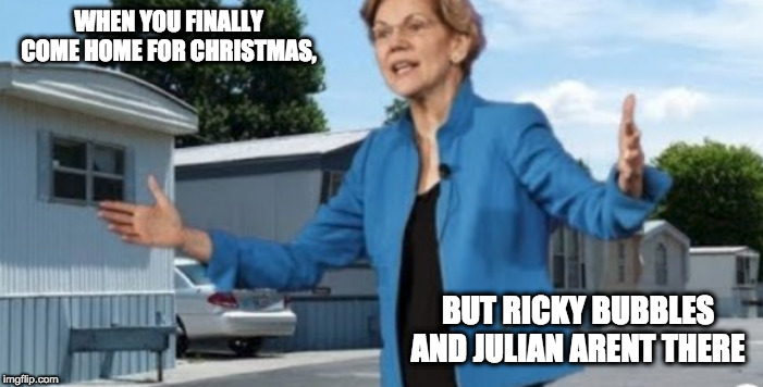 elizabeth warren trailer park | WHEN YOU FINALLY COME HOME FOR CHRISTMAS, BUT RICKY BUBBLES AND JULIAN ARENT THERE | image tagged in elizabeth warren trailer park,ricky,bubbles,julian,trailer park boys | made w/ Imgflip meme maker