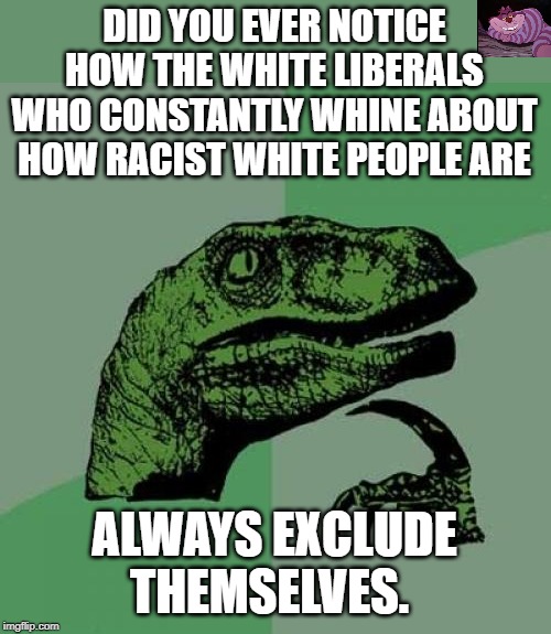 The liberal "it's always everybody else" syndrome | DID YOU EVER NOTICE HOW THE WHITE LIBERALS WHO CONSTANTLY WHINE ABOUT HOW RACIST WHITE PEOPLE ARE; ALWAYS EXCLUDE THEMSELVES. | image tagged in memes,philosoraptor | made w/ Imgflip meme maker