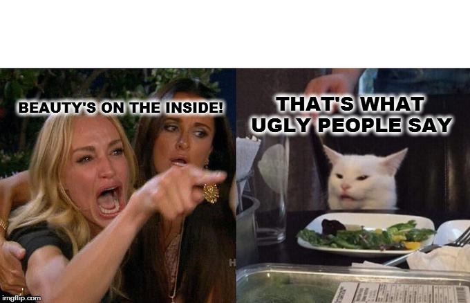 Woman Yelling At Cat Meme | BEAUTY'S ON THE INSIDE! THAT'S WHAT 
 UGLY PEOPLE SAY | image tagged in memes,woman yelling at cat | made w/ Imgflip meme maker