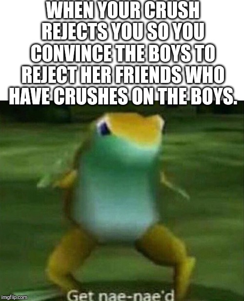 Get nae-nae'd | WHEN YOUR CRUSH REJECTS YOU SO YOU CONVINCE THE BOYS TO REJECT HER FRIENDS WHO HAVE CRUSHES ON THE BOYS. | image tagged in get nae-nae'd | made w/ Imgflip meme maker
