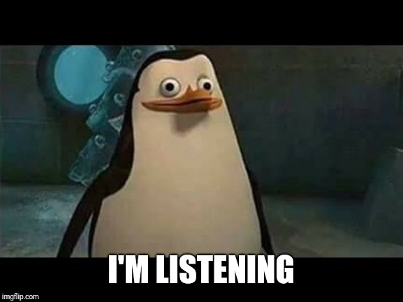 Confused penguin | I'M LISTENING | image tagged in confused penguin | made w/ Imgflip meme maker