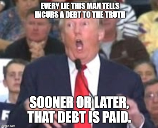 trump lies | EVERY LIE THIS MAN TELLS
INCURS A DEBT TO THE TRUTH; SOONER OR LATER,
THAT DEBT IS PAID. | image tagged in trump,lies,trump lies | made w/ Imgflip meme maker
