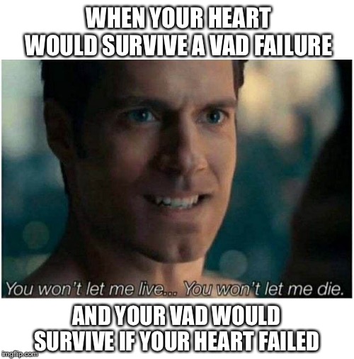 won’t let me live. Won’t let me die | WHEN YOUR HEART WOULD SURVIVE A VAD FAILURE; AND YOUR VAD WOULD SURVIVE IF YOUR HEART FAILED | image tagged in vad life,die,death | made w/ Imgflip meme maker