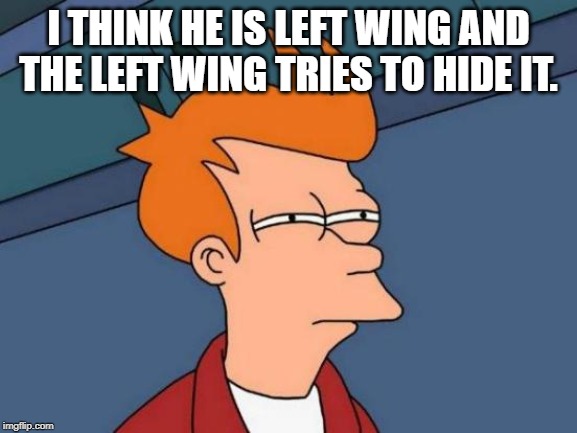 Futurama Fry Meme | I THINK HE IS LEFT WING AND THE LEFT WING TRIES TO HIDE IT. | image tagged in memes,futurama fry | made w/ Imgflip meme maker