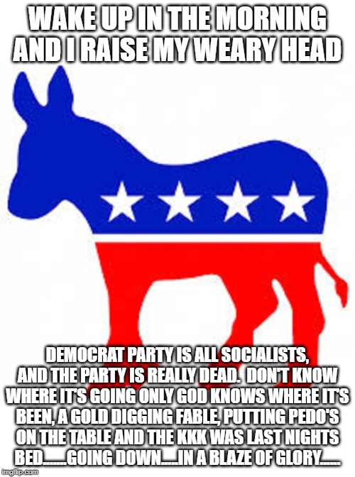 Democrat donkey | WAKE UP IN THE MORNING AND I RAISE MY WEARY HEAD; DEMOCRAT PARTY IS ALL SOCIALISTS, AND THE PARTY IS REALLY DEAD.  DON'T KNOW WHERE IT'S GOING ONLY GOD KNOWS WHERE IT'S BEEN, A GOLD DIGGING FABLE, PUTTING PEDO'S ON THE TABLE AND THE KKK WAS LAST NIGHTS BED.......GOING DOWN.....IN A BLAZE OF GLORY...... | image tagged in democrat donkey | made w/ Imgflip meme maker