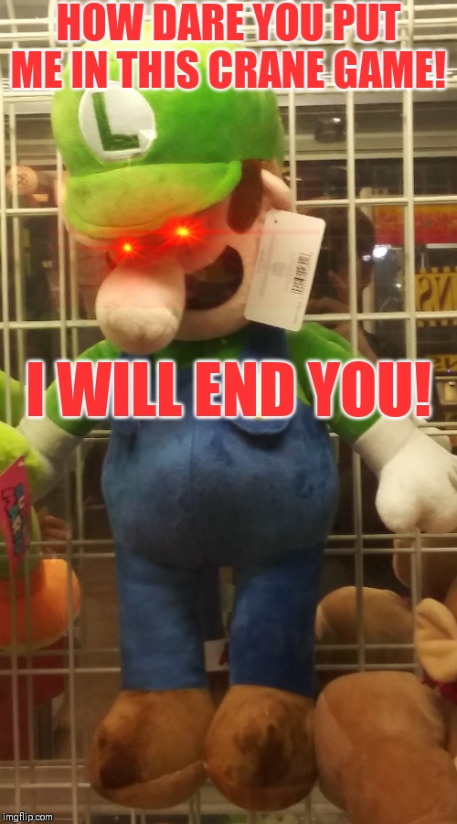 Don't make Luigi angry. | HOW DARE YOU PUT ME IN THIS CRANE GAME! I WILL END YOU! | image tagged in fun,funny,funny memes,lol so funny | made w/ Imgflip meme maker