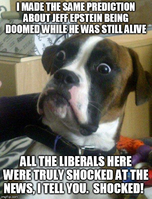 Blankie the Shocked Dog | I MADE THE SAME PREDICTION ABOUT JEFF EPSTEIN BEING DOOMED WHILE HE WAS STILL ALIVE ALL THE LIBERALS HERE WERE TRULY SHOCKED AT THE NEWS, I  | image tagged in blankie the shocked dog | made w/ Imgflip meme maker