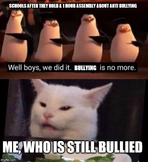 SCHOOLS AFTER THEY HOLD A 1 HOUR ASSEMBLY ABOUT ANTI BULLYING; BULLYING; ME, WHO IS STILL BULLIED | image tagged in we did it boys | made w/ Imgflip meme maker