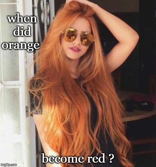 when men get to discussing favorite topics usually women are in the top five. | when did orange; become red ? | image tagged in long hair,babes,fashion,female logic,meme 20 | made w/ Imgflip meme maker
