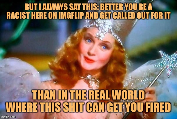 If I call you a racist, you’ll probably get defensive. I’m not trying to attack you. Just listen. It could save your job later. | BUT I ALWAYS SAY THIS: BETTER YOU BE A RACIST HERE ON IMGFLIP AND GET CALLED OUT FOR IT; THAN IN THE REAL WORLD WHERE THIS SHIT CAN GET YOU FIRED | image tagged in glinda the good witch,racism,bigotry,racist,no racism,that's racist | made w/ Imgflip meme maker