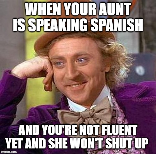 Creepy Condescending Wonka | WHEN YOUR AUNT IS SPEAKING SPANISH; AND YOU'RE NOT FLUENT YET AND SHE WON'T SHUT UP | image tagged in memes,creepy condescending wonka | made w/ Imgflip meme maker