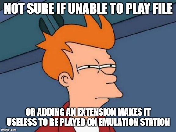 Futurama Fry Meme | NOT SURE IF UNABLE TO PLAY FILE; OR ADDING AN EXTENSION MAKES IT USELESS TO BE PLAYED ON EMULATION STATION | image tagged in memes,futurama fry | made w/ Imgflip meme maker