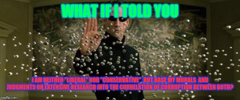 Neo bullet stop | WHAT IF I TOLD YOU; I AM NEITHER "LIBERAL" NOR "CONSERVATIVE", BUT BASE MY MORALS  AND JUDGMENTS ON EXTENSIVE RESEARCH INTO THE CORRELATION OF CORRUPTION BETWEEN BOTH? | image tagged in neo bullet stop | made w/ Imgflip meme maker