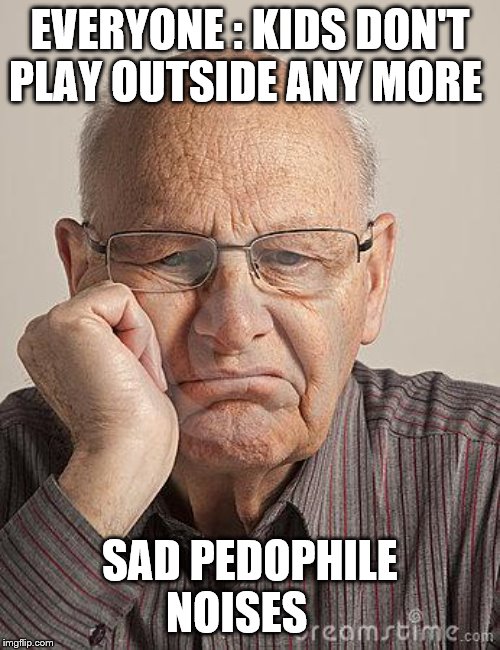 old man sad | EVERYONE : KIDS DON'T PLAY OUTSIDE ANY MORE; SAD PEDOPHILE NOISES | image tagged in old man sad | made w/ Imgflip meme maker