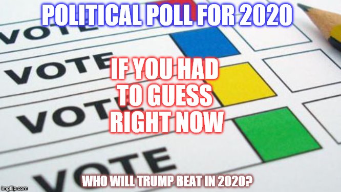 political poll | POLITICAL POLL FOR 2020; IF YOU HAD 
TO GUESS 
RIGHT NOW; WHO WILL TRUMP BEAT IN 2020? | image tagged in political poll,memes,politics | made w/ Imgflip meme maker